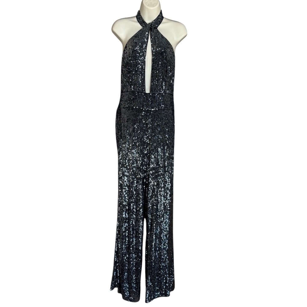 Maeve Anthropologie Black Silver Sequin Halter Jumpsuit Wide Leg Evening Size 10 - Picture 7 of 17